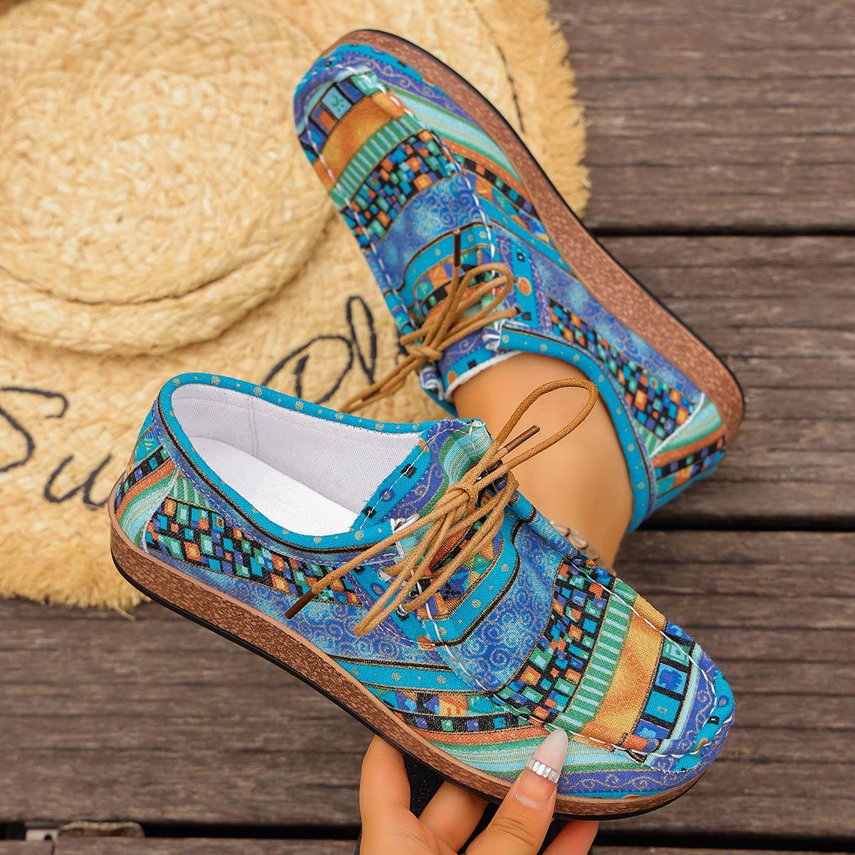 

Принтованные туфли в этническом стиле на шнуровке, повседневные, 2025 осень, новинка, больших размеров, на плоской подошве, с низким верхом, для женщин 43 зелёный