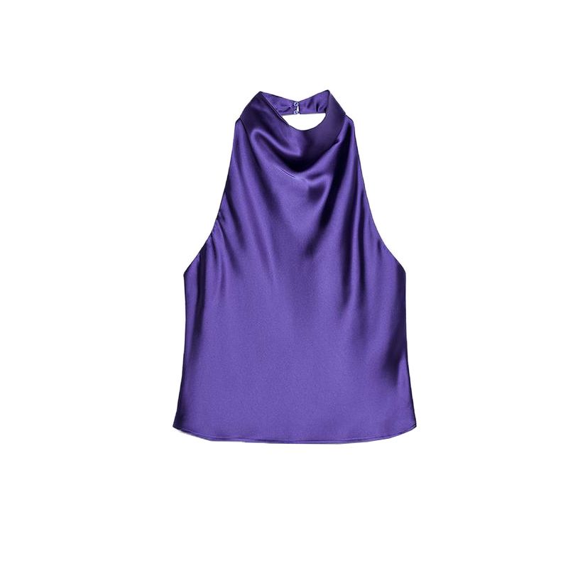 Summer New Product Women's Clothes French Short Silk Satin Texture Open Back Hanging Collar Tops 3203317 2069399