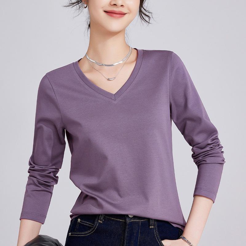 

Женская базовая футболка на весну и лето, женская футболка с воротником, свободного кроя, из мерсеризованного хлопка двойной вязки, с длинным рукавом, женский топ S