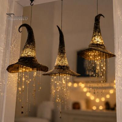 Spooky Party Yard Ornament Light Up Witch Hat Hanging Lamp, Glowing Halloween with Twinkling Easy Install Lights Stars Moon, Indoor Outdoor