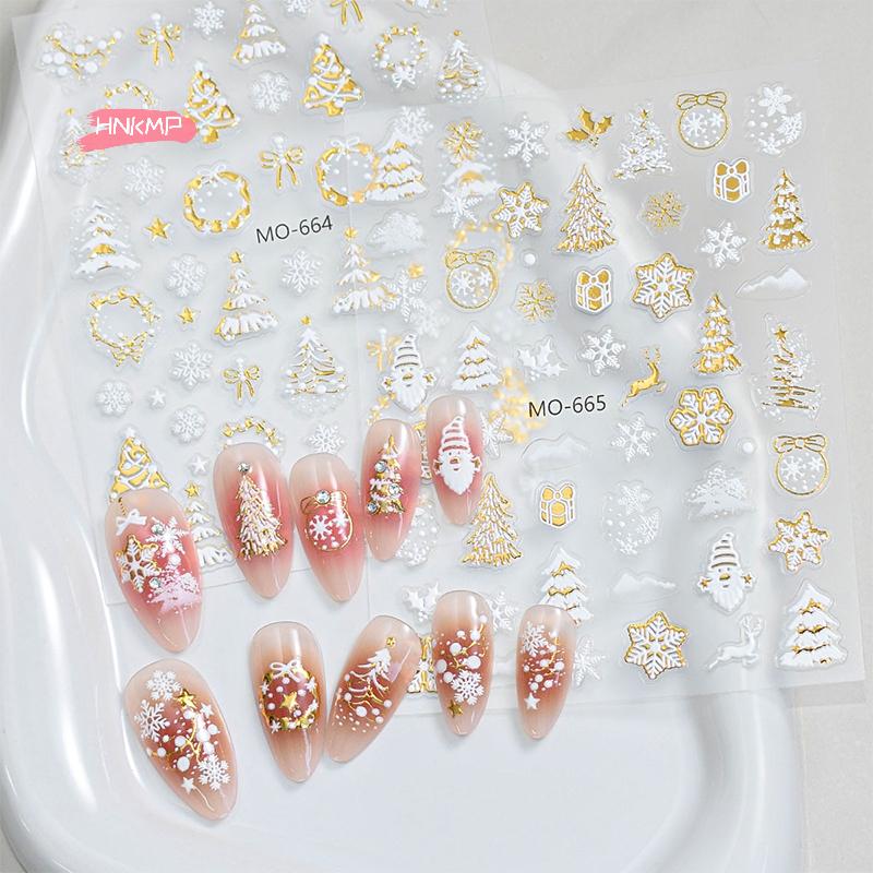 Gold Christmas Nail Art Stickers - Bronzing Xmas Tree Snowflake Snowman Star - Cartoon Deer New Year Manicure Decals