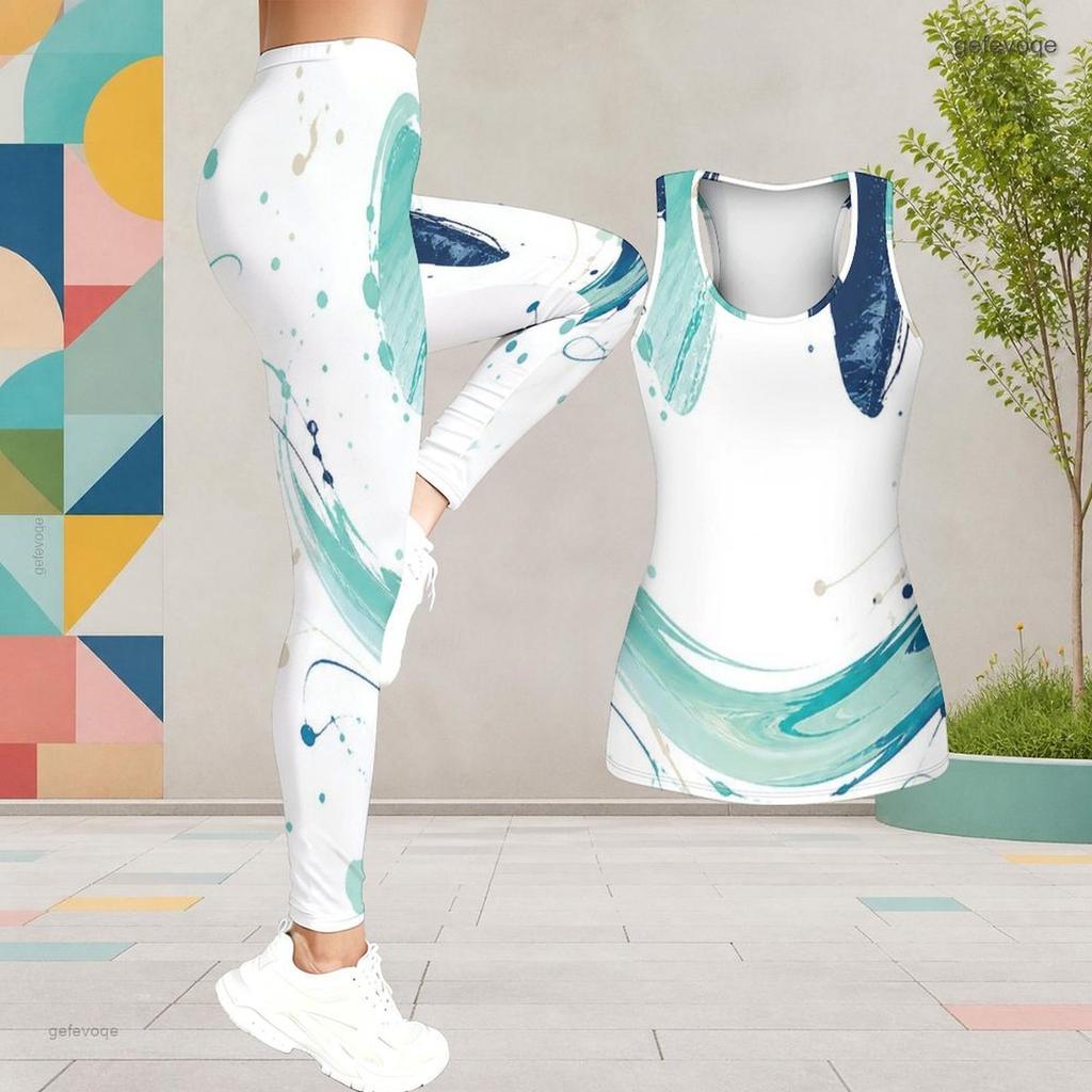 Women Plus Size Two Piece Set Scoop Neck Sleeveless Tank Top White Blue Green Printed Fitted Pants