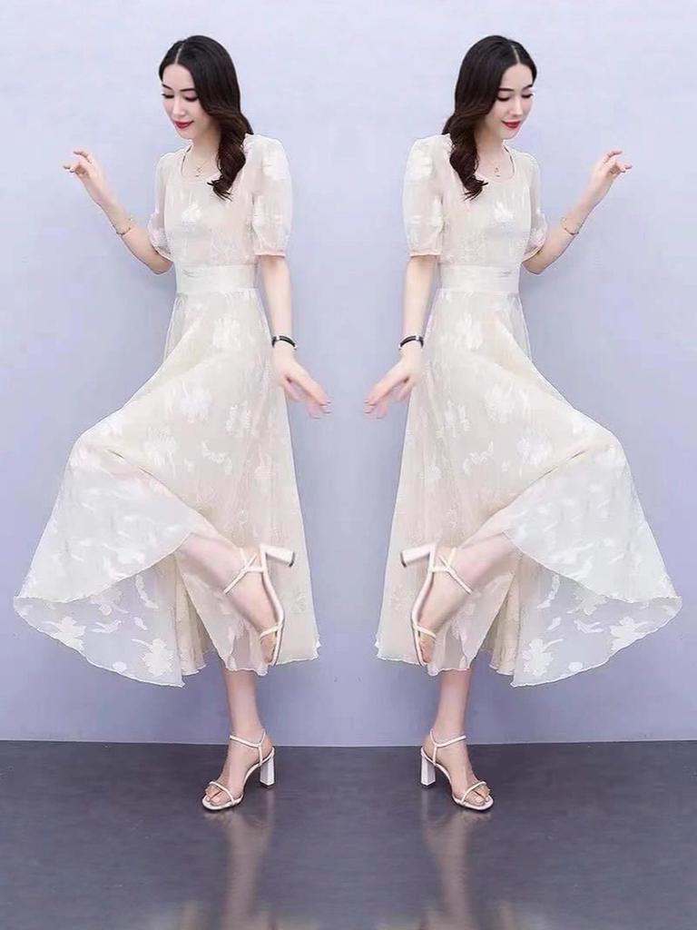 Summer Newest Chiffon Dress for Girls, Waist Slimming Bubble Sleeve French Style Maxi Dress