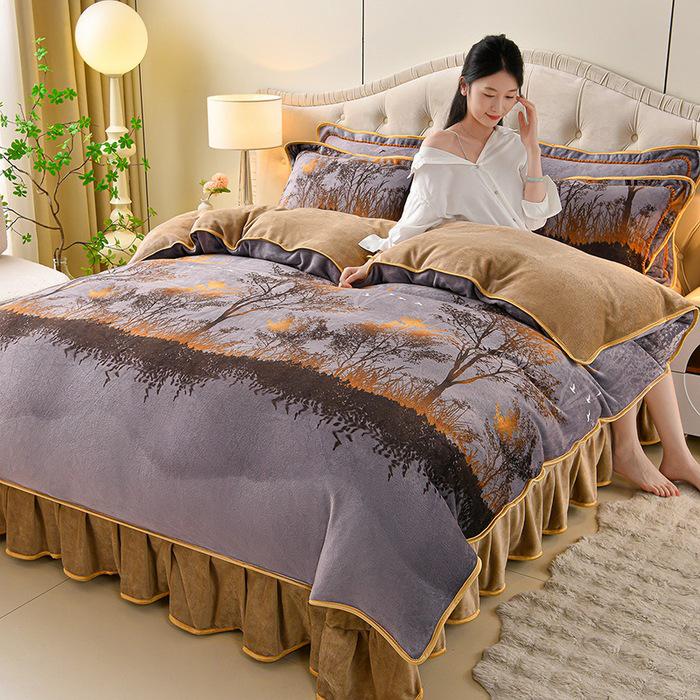 Cozy Flannel 230g Milk Velvet Printed Bed Set with Skirt - New Autumn/Winter Collection, Hot Seller