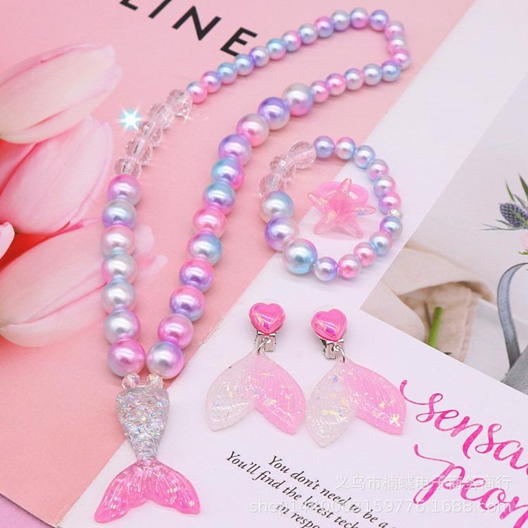 Mädchen Kleine Meerjungfrau Party Zubehör Halskette Ring Ohrring Armband Kinder Spielzeug Kinder Geburtstag Geschenk Magie Pailletten Geldbörse Stirnband