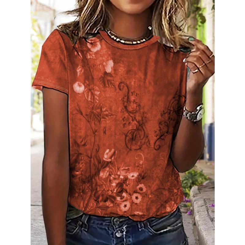 Spring and Summer New Plant Print Casual Women s Short-sleeved T-shirt S