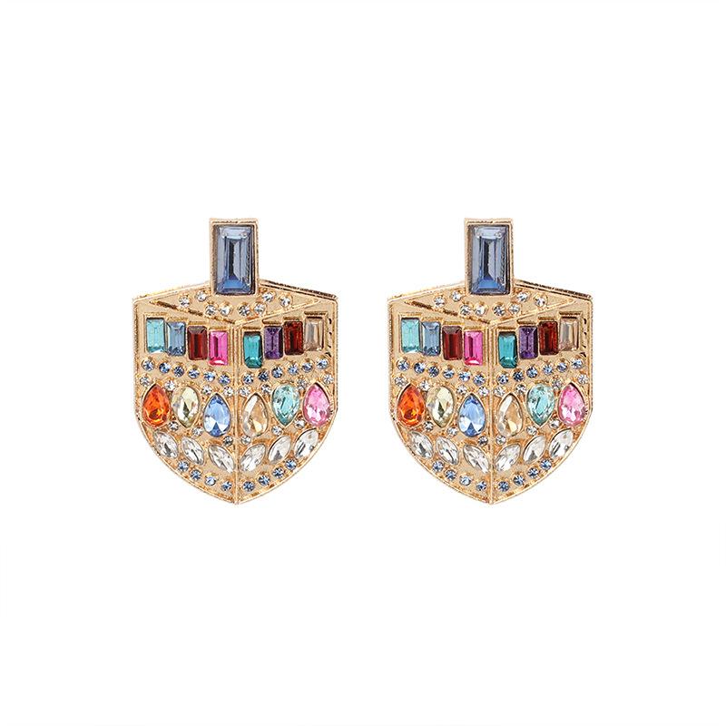 French court style colored rhinestone light luxury shield earrings, fashionable temperament niche design earrings