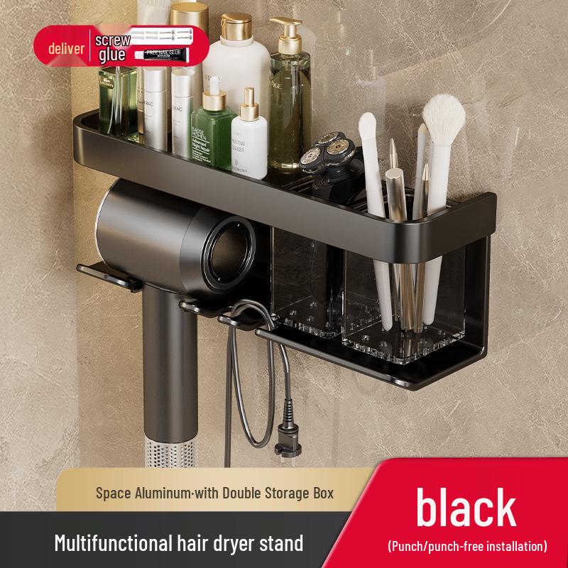 Punch-Free Wall-Mounted Hair Dryer Rack with Storage Shelf