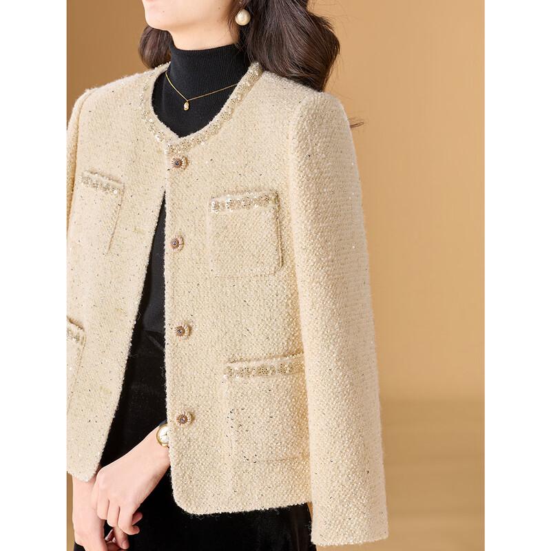 Women's French Style Beaded Tweed Wool Blend Jacket