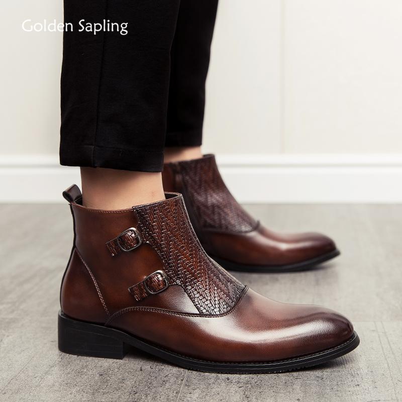 Fashion Golden Sapling Chelsea Boots Elegant Business Shoes for Men Fashion Patchwork Leather Flats Casual Men's Boot Social Male Shoe