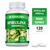 Capsules de spiruline bio, 3000 mg par portion, double concentration, complément alimentaire, adapté aux adultes.