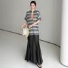 DIMANAF 2026 Summer New Plus Size Women Long Dress Striped Cotton V-Neck Short Sleeve Lady Shirts Dress