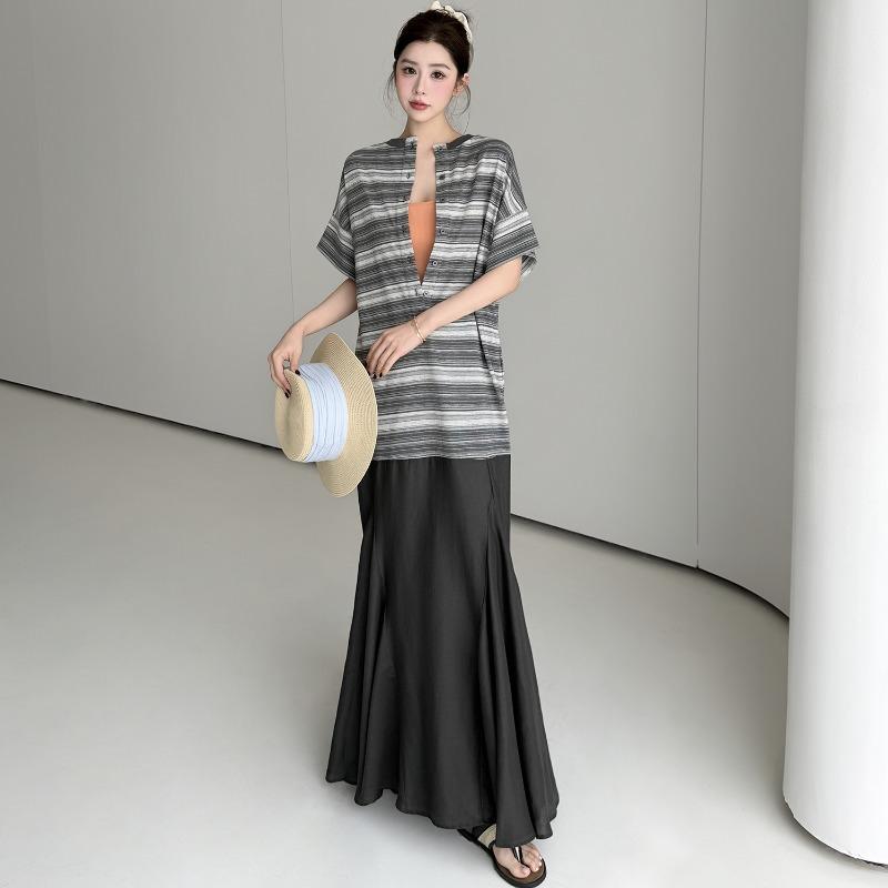 DIMANAF 2026 Summer New Plus Size Women Long Dress Striped Cotton V-Neck Short Sleeve Lady Shirts Dress