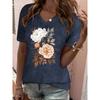 Women's T-Shirt Floral Pattern Printing Fashion Casual Oversized High-Quality Tee Shirt V-Neck Women's Clothing Summer