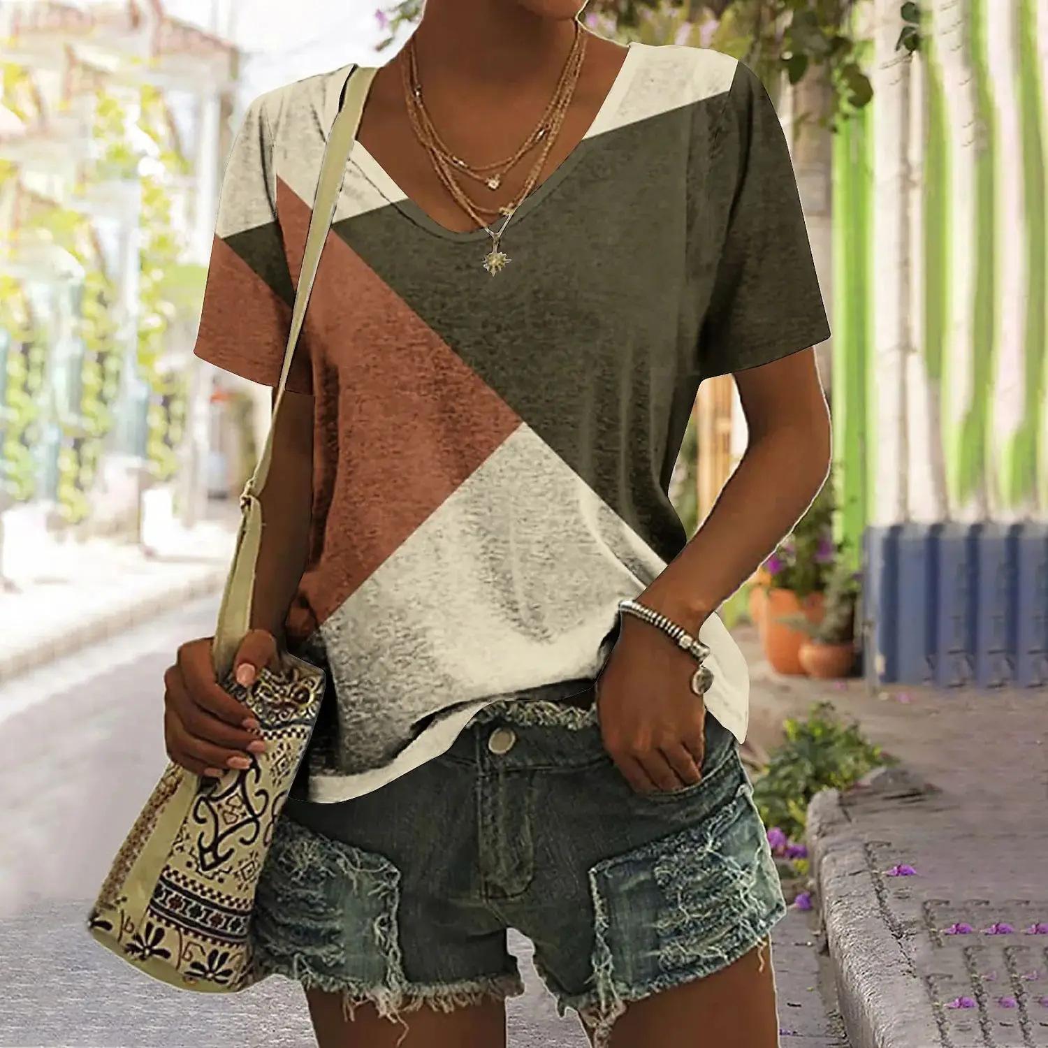 

Винтажная футболка, женские клетчатые топы с принтом, женский пуловер с v-образным вырезом, летняя футболка с коротким рукавом 6XL