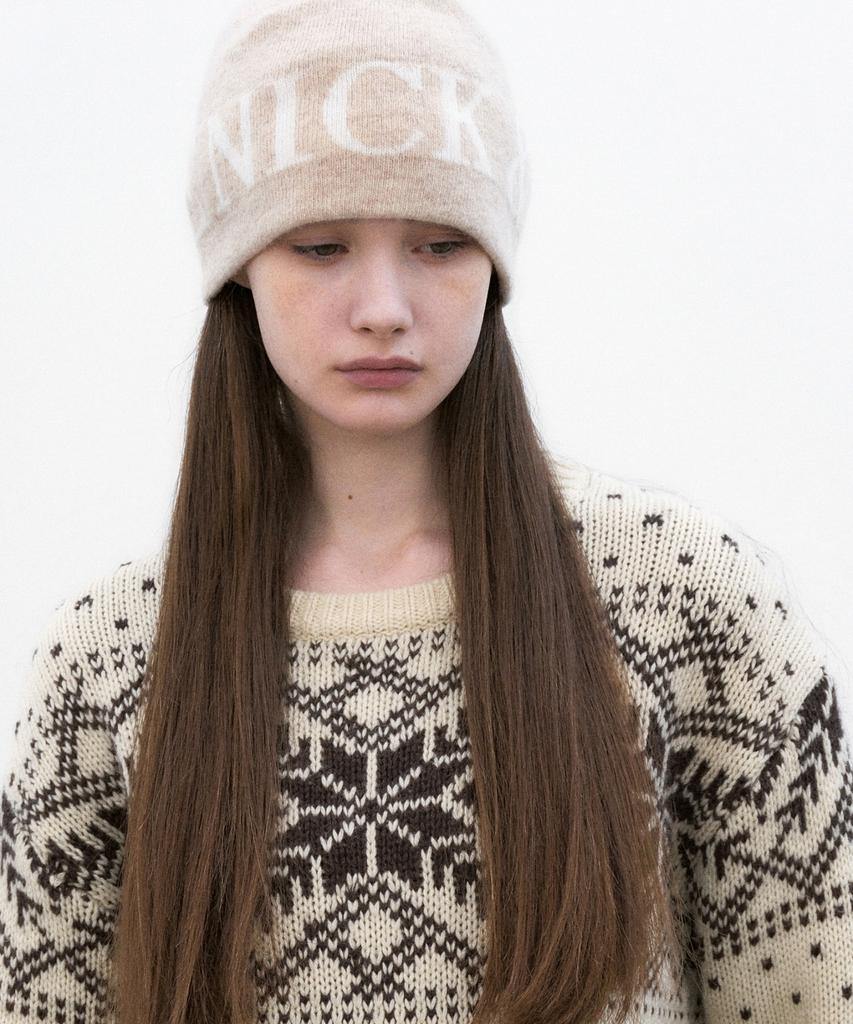 Nigaennikol Cashmere Lettering Jaquard Beanie_Light Beige