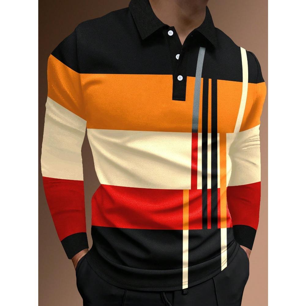 Fashion Men's Sweatshirt Long Sleeve Lapel Top Button Down Striped Polo Shirt