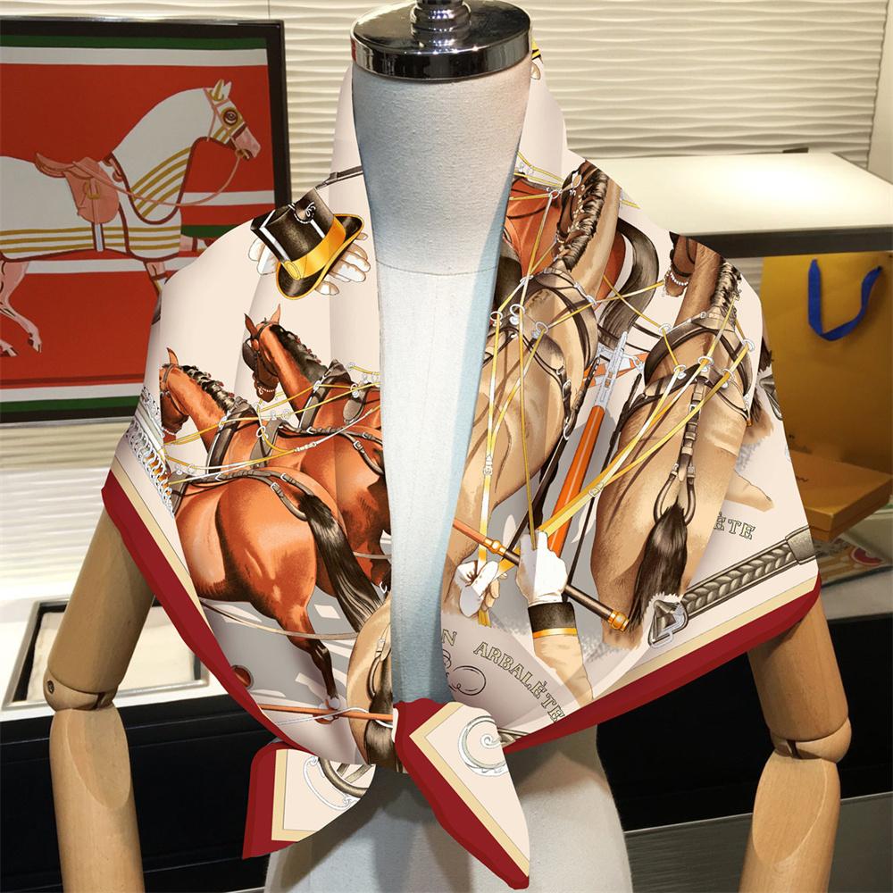 Silk Scarf Women Horse Printed Square Scarves Head Echarpes Silk Foulards Femme Wraps Beach Shawls Bandana Lady Hijabs 90CM