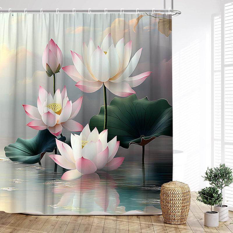 Lotus Shower Curtains White Floral Green Leaves Plant Chinese Style Art Bath Curtain Polyester Bathroom Bathtub Decor With Hooks