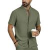 Men's Summer Linen Short Sleeve Shirt Stand Collar Button Down Shirt Casual Breathable Lightweight Top for Daily Wear