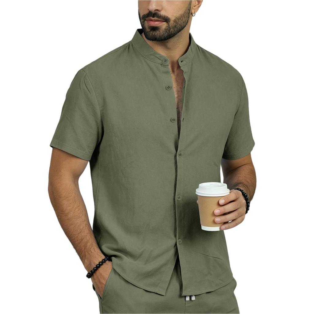 Men's Summer Linen Short Sleeve Shirt Stand Collar Button Down Shirt Casual Breathable Lightweight Top for Daily Wear