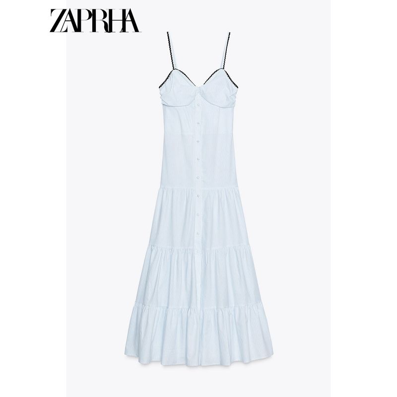 Zaprha 2025 New Holiday Stripes Sleeveless Waist Trimming Spaghetti Straps Casual Midi Skirt Dress 2587070