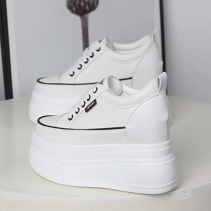 Fashion 12CM Cow Genuine Leather Women Skate Boarding High Brand Chunky Sneaker Casual Vulcanized Shoes Platform Wedge Stable Shoes