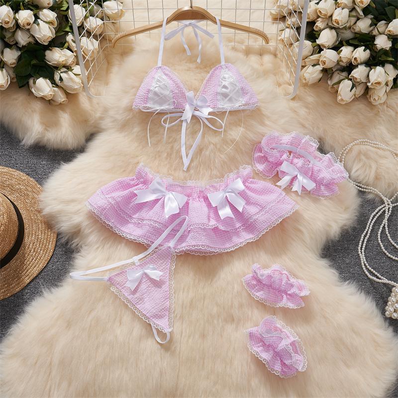 Bow Splicing Lace Edge Y2K Grid Lace-up Neck-mounted Top Sets Women Clothes Block Color Sexy Hot Sweet Mini Skirt Suits Lingerie