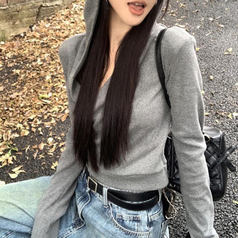 

Осень Зима Однотонный Кроп Худи Женский Повседневный Модный Универсальный Пуловер На Молнии Верхняя Одежда S серый