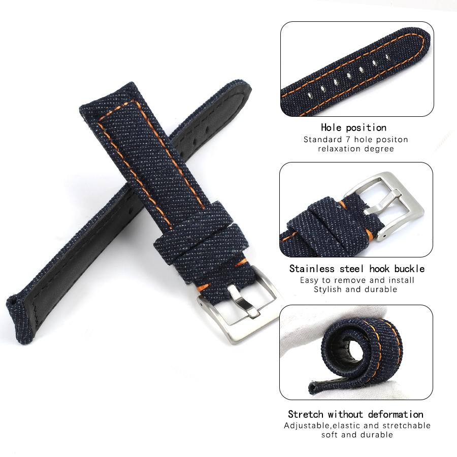 Vintage Handmade Denim Leather Watch Strap 20mm Blue Black Gray Watch Band for Men Women Wristband Bracelet Accessories