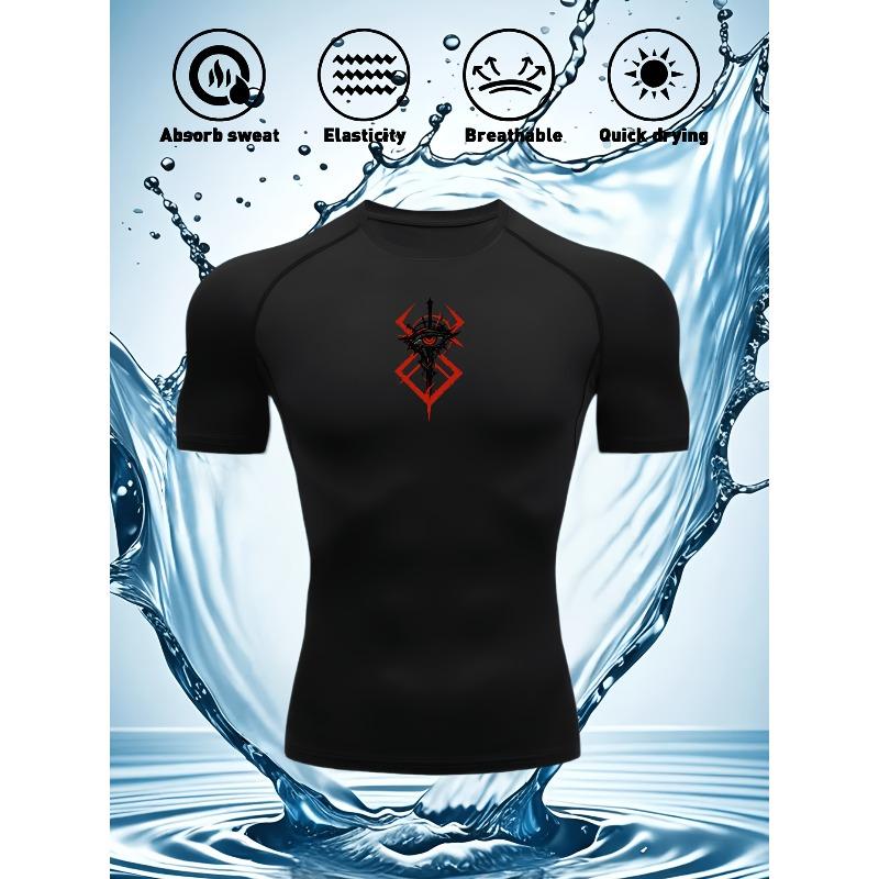Men's Compression Shirt Quick Dry Navy Blue Gym T-Shirt Red Mystical Symbol Print Workout Sportswear