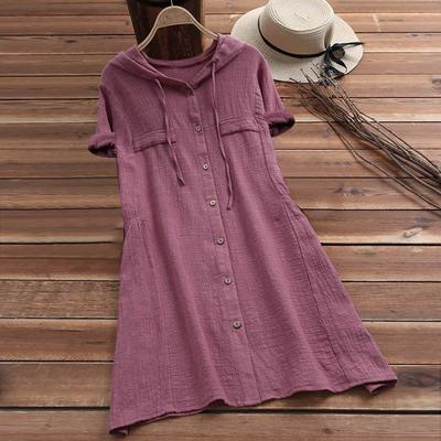 Fashion Women's Cotton And Linen Fake Pocket Drawstring Hooded Short Sleeve Solid Color Button Dress