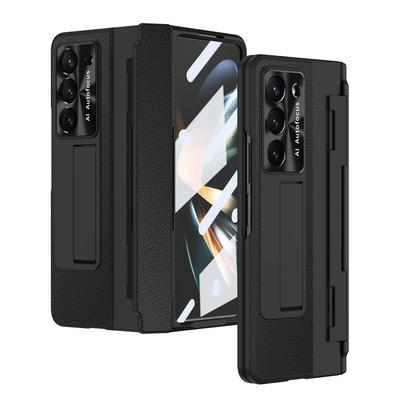 Plating Leather Bracket Flat Hinge Protective Case for Samsung Galaxy Z Fold 5 4 3 with Front Glass Film Fold5 Protection Cover