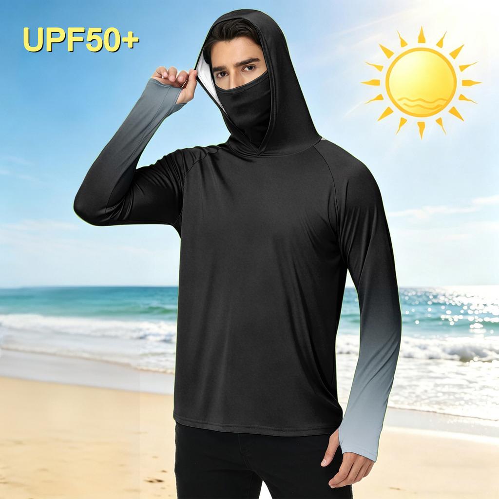 Men's Outdoor Casual Gradient Print Hooded Long Sleeve Sun Protection Shirt Lightweight Breathable Quick Dry Sports Top