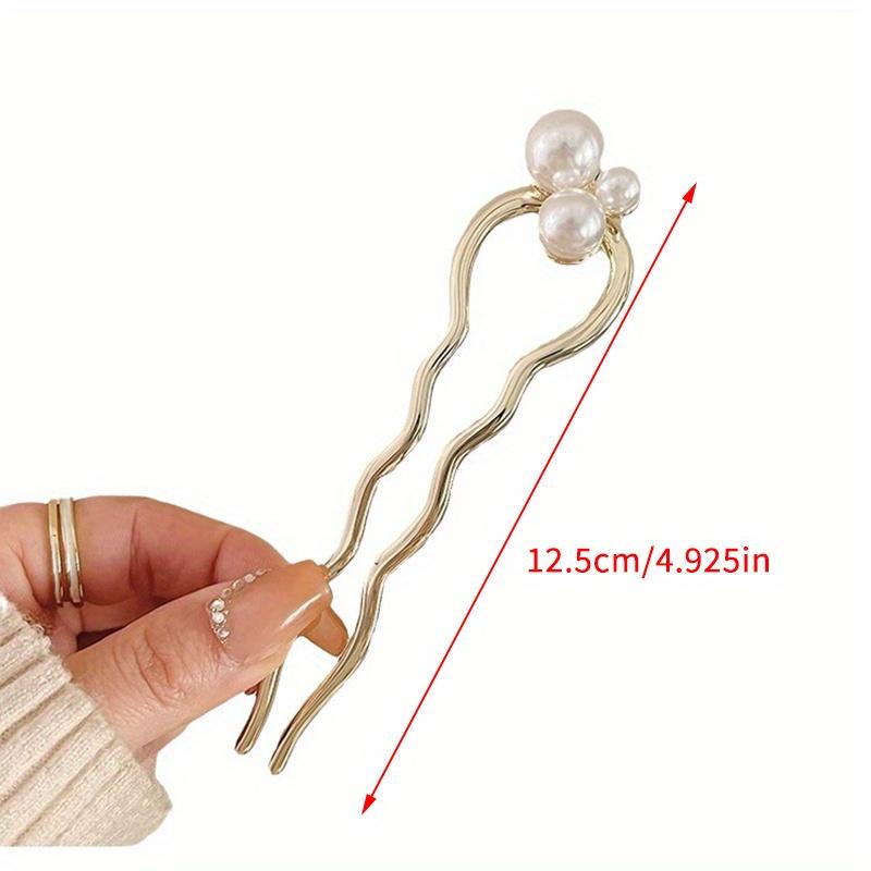 Chinese Style Faux Pearl Wave U-shaped Hairpin, Metal Golden Hair Stick, Bun Headwear