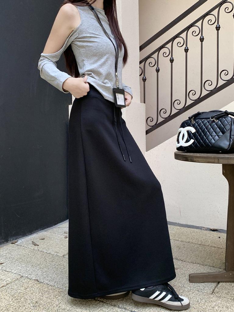 Retro Grauer Schnür-Schlankheits-Halbrock für Damen - Elastischer Bund, Gerader Schnitt, Hüftbetontes Design, Perfekt für den frühen Herbst 2025.