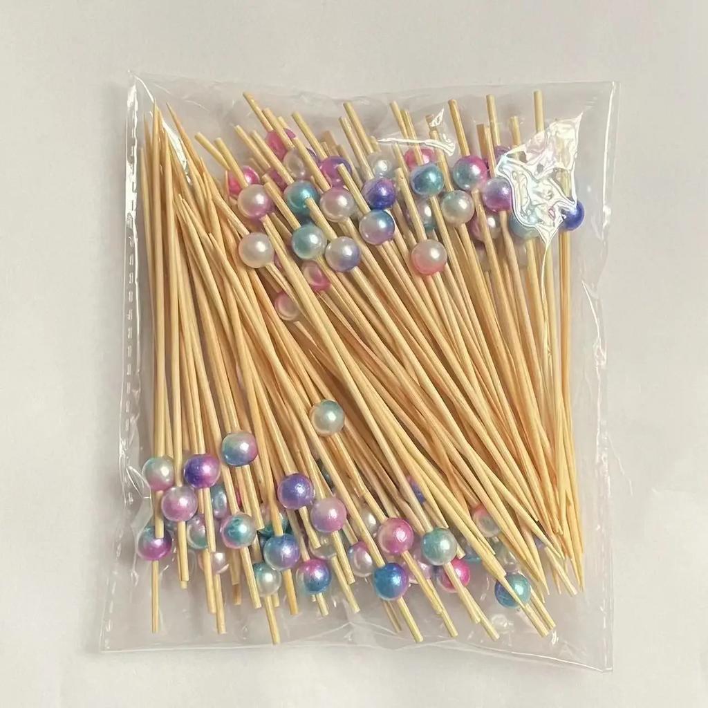 100pcs 12cm Gold Beads Bamboo Fruit Sticks Fruit Salad Snack Fork Cocktail Decor Cake Buffet Toothpicks Party Tableware Supplies