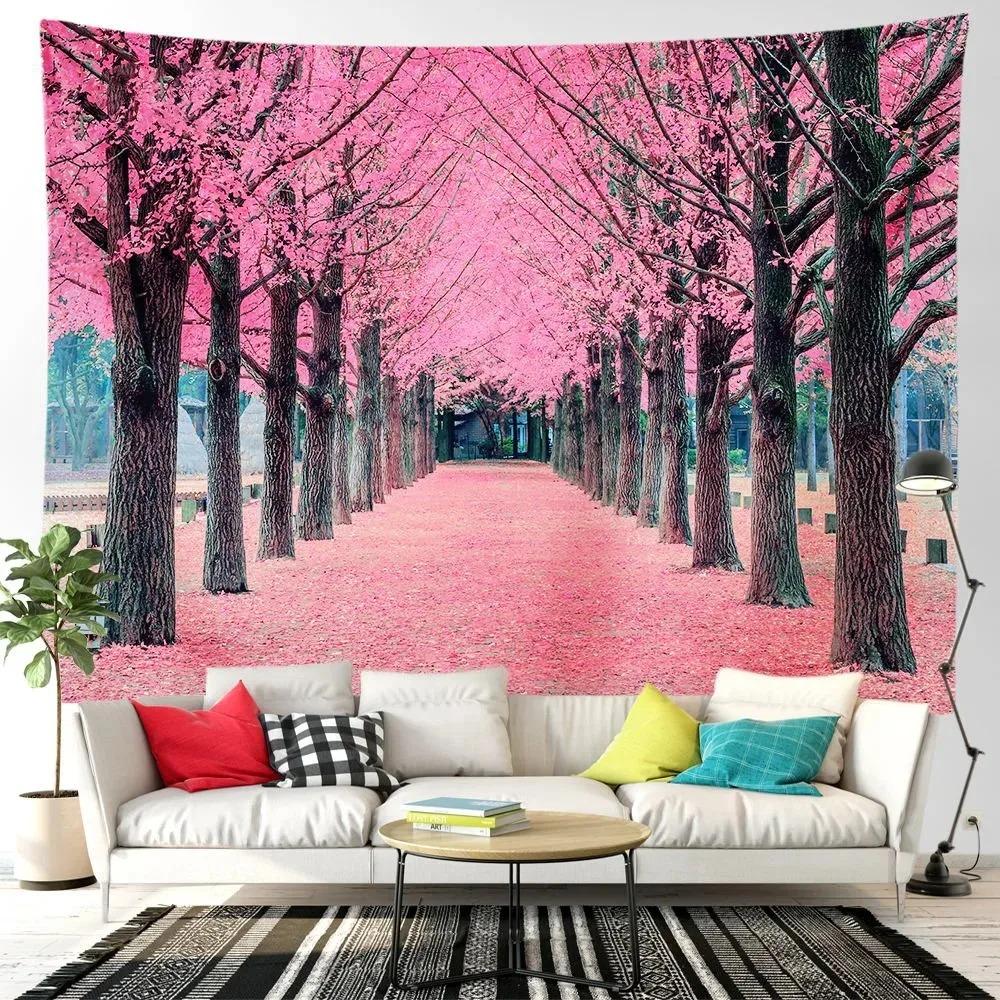 Pink cherry blossom tree forest t tapestry home decoration living room bedroom background hanging cloth