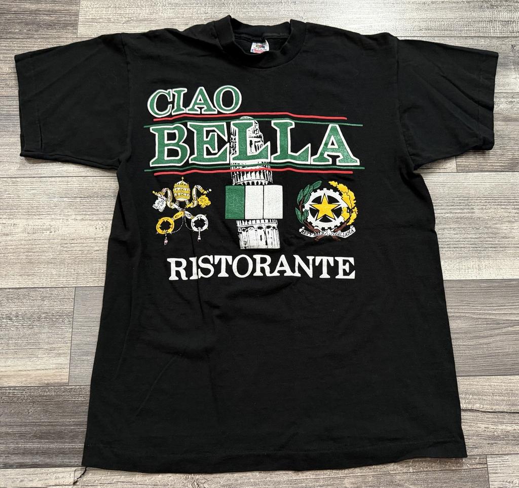 Vintage Ciao Bella Ristorante Shirt Adult Large Black Italy Tower Of Pisa 90’s