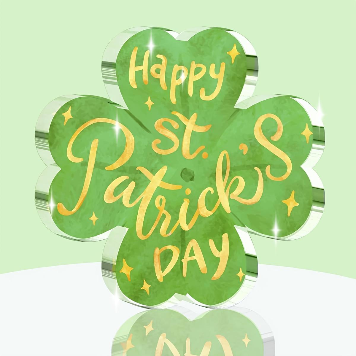 

St. Patrick S Day Four Leaf Clover Decoration - Acrylic Tabletop Decor with Happy St. Patrick S Day Text, Green & Golden Glitter Design, Perfect 10*10cm