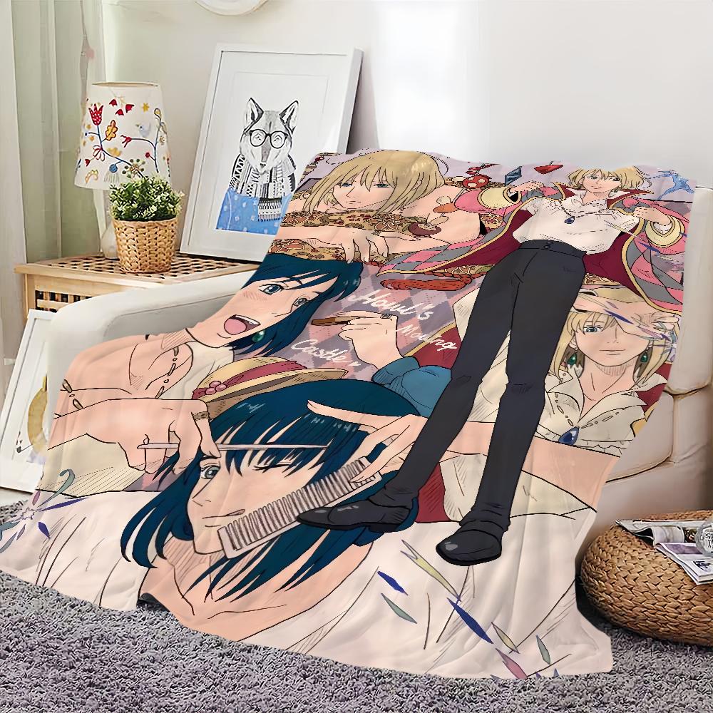 Anime film comfort warm soft plush blanket for sofa living room h-Howl's office bedroom travel Flannel gift m-Moving c-Castle