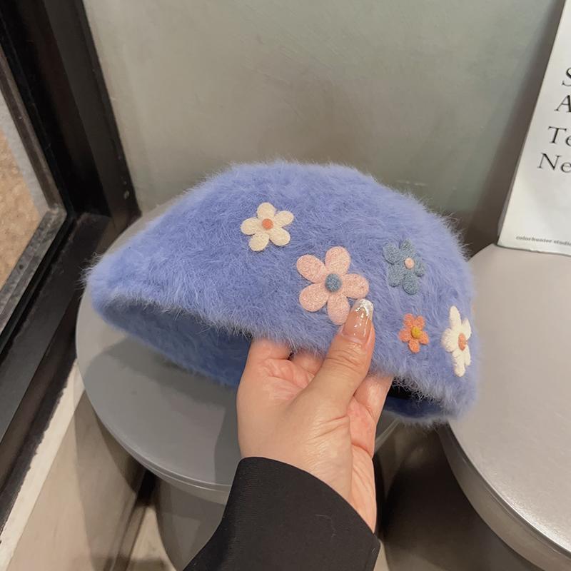 

Сладкий и крутой берет из кроличьего меха, женский, для маленького лица, новый модный осенне-зимний, с цветами, милый, износостойкий, кепка вперед, тренд Adult (54-59cm)