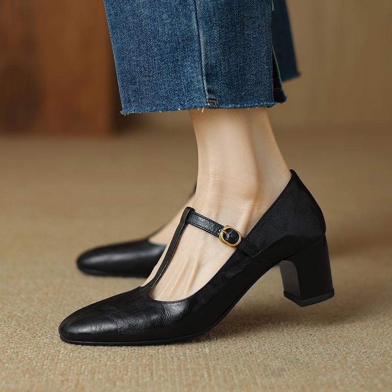 Fashion 2024 New Autumn T-strap Pumps Round Toe Mary Janes Low Heels Shoes for Women Handmade Women Shoes Retro Ladies Shoes