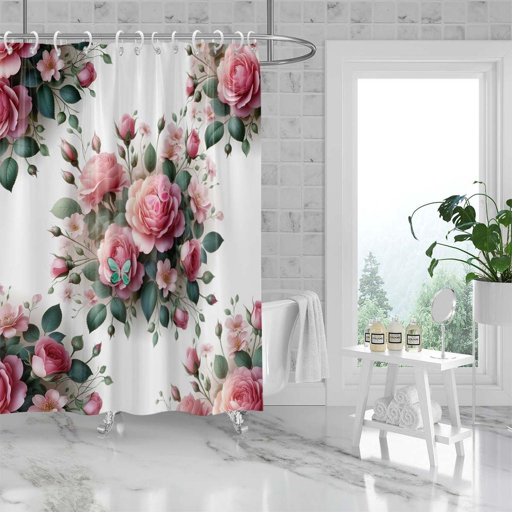 1 st 180X180Cm Super Naturlig Blomma Ros Tusensköna Mönster Tryckt Duschdraperi Avskärmning Badrum Vattentätt