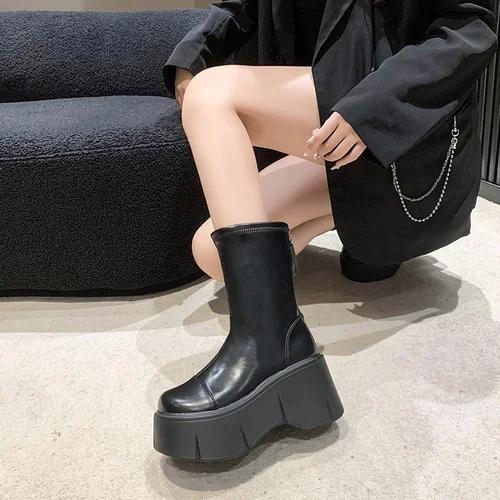 

Модные панк-сапоги на толстой платформе для мотоциклистов, женские толстые нескользящие армейские ботинки, женские черные, белые, из искусственной кожи, ботильоны Mujer 39 чёрный