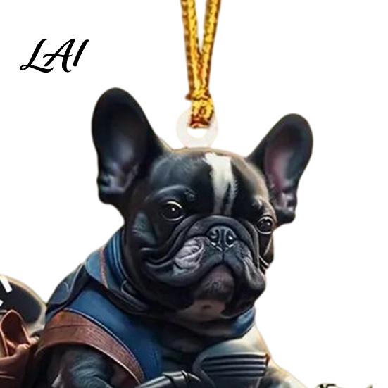 Acrylic Flat Pendant Puppy Riding Motorcycle Car Pendant 2D Rearview Winter Holiday Decor Mirror Hanging Charm Christmas Decoration Auto
