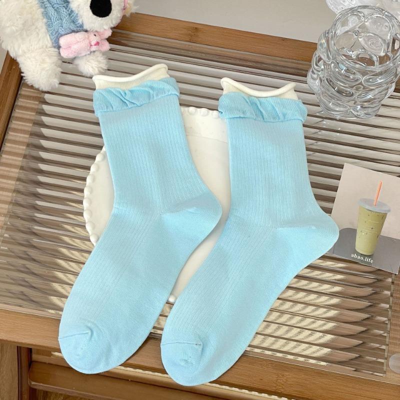 

Женские весенне-осенние носки до середины икры из гребенного хлопка с контрастными цветами, свободными манжетами, двойными подвернутыми краями и носки-пучки в балетном стиле 1 pair синий