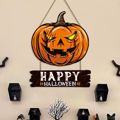 Décoration de Maison Panneau de Porte Citrouille d'Halloween en Bois Créatif Mignon Porte-Citrouille Couronne Suspendu de Porte Dessin Animé Drôle Mur
