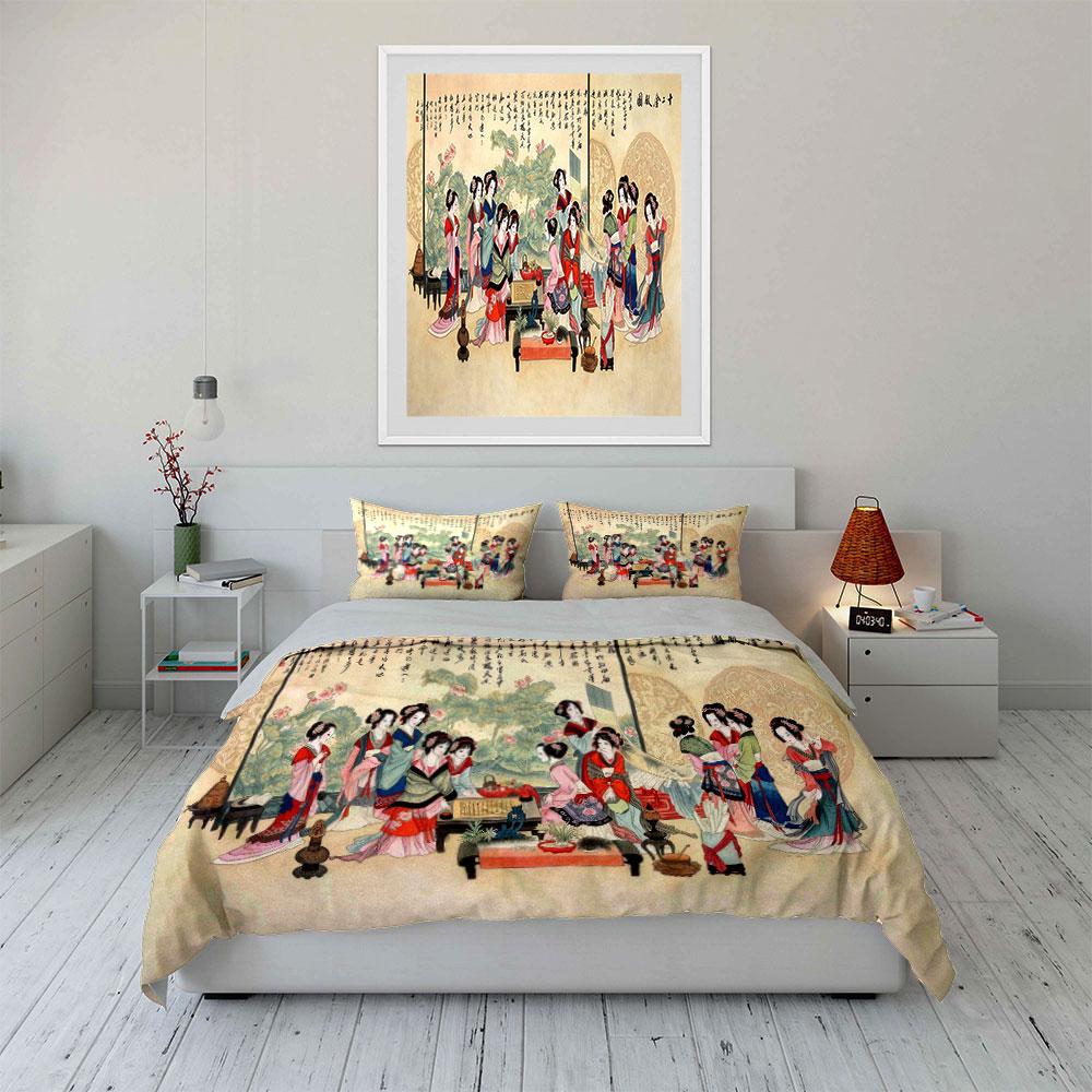 Chinese Traditional Twelve Beauties Bedding Set 3pcs,Vintage Watercolor Lady Art Duvet Cover,Elegant Cultural Bedding for Hoom