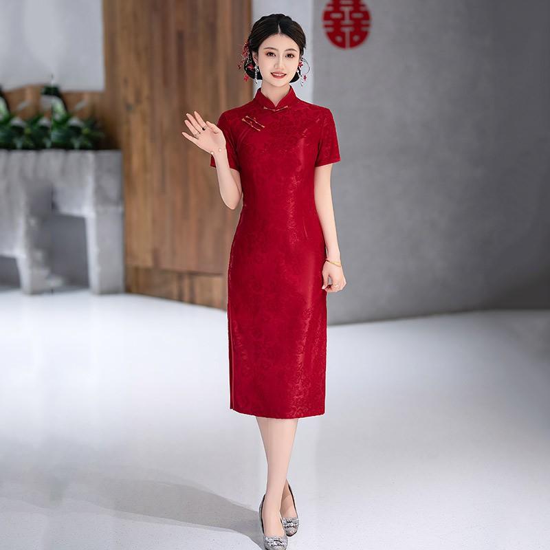 Elegant Vintage Chinese Qipao Dress Women Long Fit-and-Flare With Stand Collar Three-Quarter Sleeve 2025